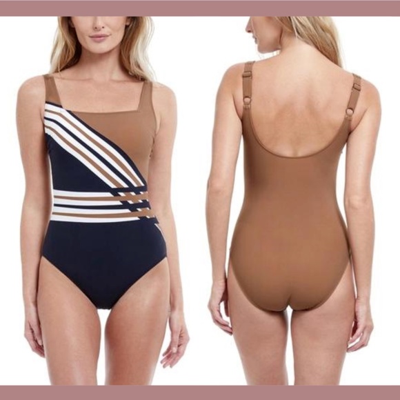 NWT $138 Gottex [ 8 ] Ocean Breeze Square Neck One Piece Swimsuit in‎ Brown - Picture 1 of 15